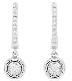 .25CT DIAMOND 14KT WHITE GOLD CLASSIC SOLITAIRE BEZEL LEVERBACK HANGING EARRINGS