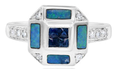 .35CT DIAMOND & AAA SAPPHIRE & OPAL 14KT WHITE GOLD 3D OCTAGON PYRAMID FUN RING