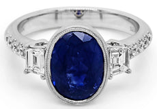 3.43CT DIAMOND & AAA SAPPHIRE 18KT WHITE GOLD 3D OVAL EMERALD CUT & ROUND RING