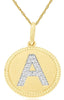 .07CT DIAMOND 14KT YELLOW GOLD 3D CLASSIC A INITIAL CIRCULAR FLOATING PENDANT