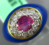 ESTATE .60CT DIAMOND & AAA RUBY & BLUE ENAMEL 18K YELLOW GOLD 3D FLOWER FUN RING