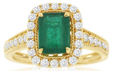1.64CT DIAMOND & AAA EMERALD 14KT YELLOW GOLD ROUND & BAGUETTE ENGAGEMENT RING