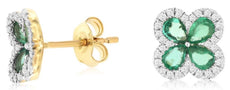 1.41CT DIAMOND & AAA EMERALD 14KT YELLOW GOLD PEAR SHAPE & ROUND EARRINGS