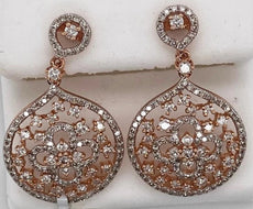 1.80CT DIAMOND 14K ROSE GOLD FLOWER OPEN FILIGREE TEAR DROP FUN HANGING EARRINGS