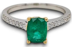 1.39CT DIAMOND & AAA EMERALD 18KT 2 TONE GOLD 3D CUSHION & ROUND ENGAGEMENT RING