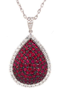5.41CT DIAMOND & AAA RUBY 18KT WHITE GOLD 3D CLUSTER TEAR DROP FLOATING PENDANT