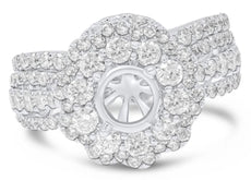 1.77CT DIAMOND 18KT WHITE GOLD 3D 4 PRONG FLORAL DOUBLE HALO SEMI MOUNT RING SET