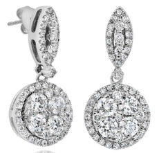 ESTATE 1.18CT DIAMOND 18KT WHITE GOLD ROUND CLUSTER FLORAL FUN HANGING EARRINGS