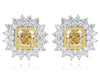3.81CT WHITE & FANCY YELLOW DIAMOND 18K WHITE GOLD CUSHION ROUND FLOWER EARRINGS