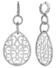 1.36CT DIAMOND 18KT WHITE GOLD 3D FILIGREE TEAR DROP LOVE KNOT HANGING EARRINGS