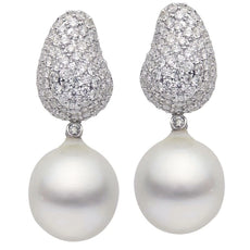 ESTATE LARGE 2.5CT DIAMOND & AAA SOUTH SEA PEARL 18K WHITE GOLD CLUSTER EARRINGS