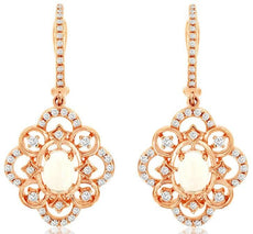 1.05CT DIAMOND & AAA OPAL 14KT ROSE GOLD 3D OVAL & ROUND FLOWER HANGING EARRINGS