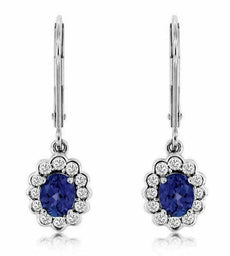 1.03CT DIAMOND & AAA TANZANITE 14K WHITE GOLD FLOWER LEVER BACK HANGING EARRINGS