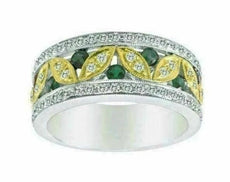 WIDE .91CT DIAMOND & AAA TSAV0RITE 14KT 2 TONE GOLD MULTI LEAF ANNIVERSARY RING