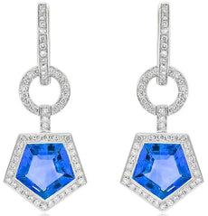 4.91CT DIAMOND & AAA BLUE TOPAZ 14KT WHITE GOLD PENTAGON HALO CIRCULAR EARRINGS