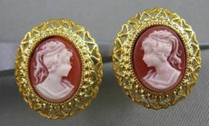 ANTIQUE 14K YELLOW GOLD LADY SHELL CAMEO FILIGREE OMEGA CLIP EARRINGS #20543