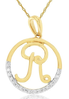 .02CT DIAMOND 14KT YELLOW GOLD 3D ROUND R INITIAL CIRCULAR LOVE FLOATING PENDANT