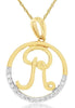 .02CT DIAMOND 14KT YELLOW GOLD 3D ROUND R INITIAL CIRCULAR LOVE FLOATING PENDANT