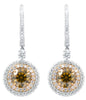 2.52CT WHITE & MOCHA DIAMOND 18KT 2 TONE GOLD ROUND DOUBLE HALO HANGING EARRINGS