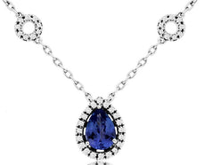 1CT DIAMOND & AAA TANZANITE 14KT WHITE GOLD 3D PEAR SHAPE & ROUND HALO NECKLACE