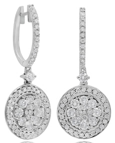 1.85CT DIAMOND 18K WHITE GOLD 3D CLUSTER FLOWER BEZEL HUGGIE HANGING EARRINGS
