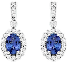 1.33CT DIAMOND & TANZANITE 14KT WHITE GOLD OVAL & ROUND FLOWER HANGING EARRINGS
