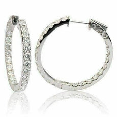 ESTATE 3.0CT DIAMOND 18KT WHITE GOLD 3D CLASSIC ROUND INSIDE OUT HOOP EARRINGS