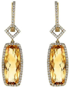 8.16CT DIAMOND & AAA CITRINE 14KT YELLOW GOLD CUSHION & ROUND HANGING EARRINGS