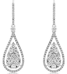 1.70CT DIAMOND 14K WHITE GOLD ROUND CLUSTER TEAR DROP LEVERBACK HANGING EARRINGS