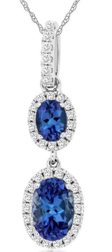 .86CT DIAMOND & AAA TANZANITE 14KT WHITE GOLD OVAL & ROUND DOUBLE FLOWER PENDANT
