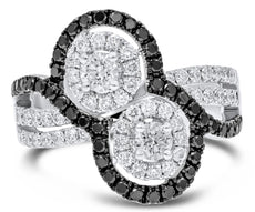 LARGE 1.6CT WHITE & BLACK DIAMOND 14K WHITE & BLACK GOLD DOUBLE FLOWER LOVE RING