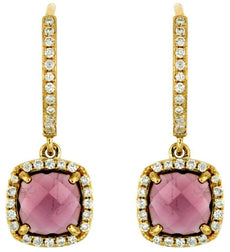 2.65CT DIAMOND & AAA RHODOLITE 14K YELLOW GOLD CUSHION CUT HALO HANGING EARRINGS