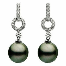 ESTATE .61CT ROUND DIAMOND & AAA TAHITIAN PEARL 18K WHITE GOLD CIRCULAR EARRINGS