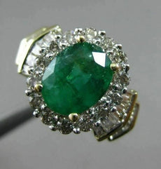 ESTATE 1.82CT ROUND & BAGUETTE DIAMOND & AAA EMERALD 14K TWO TONE GOLD HALO RING