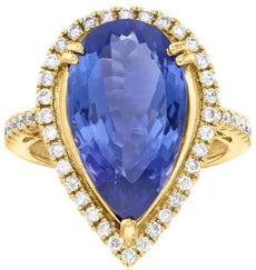 LARGE 10.17CT DIAMOND & AAA TANZANITE 14K YELLOW GOLD 3D PEAR SHAPE & ROUND RING
