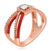 .29CT DIAMOND & RED ENAMEL 14KT ROSE GOLD ROUND & BAGUETTE CRISS CROSS LOVE RING