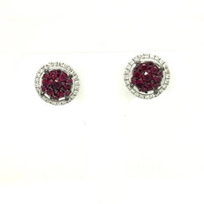 ESTATE .63CT DIAMOND & AAA RUBY 18K WHITE GOLD CLUSTER FLOWER HALO STUD EARRINGS