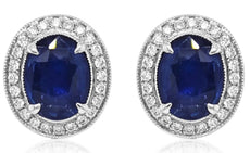 4.47CT DIAMOND & AAA SAPPHIRE 18KT WHITE GOLD OVAL & ROUND HALO FLOWER EARRINGS