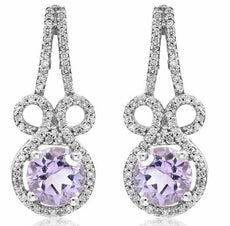 2CT DIAMOND & AAA PINK AMETHYST 14KT WHITE GOLD ROUND BOW SHAPE HANGING EARRINGS