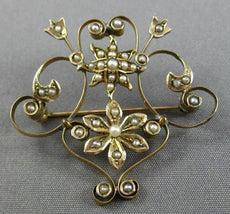 ANTIQUE VICTORIAN 14K YELLOW GOLD AAA PEARL HANDCRAFTED FILIGREE STAR PIN BROOCH