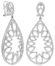 LARGE 2.34CT DIAMOND 14K WHITE GOLD 3D FLORAL TEAR DROP CLIP ON HANGING EARRINGS