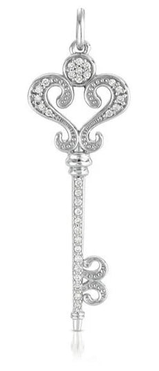 .28CT DIAMOND 14K WHITE GOLD CLASSIC KEY TO YOUR HEART FILIGREE FLOATING PENDANT