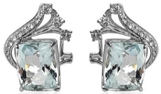 LARGE 9.09CT DIAMOND & AAA AQUAMARINE 18K WHITE GOLD 3D CUSHION & ROUND EARRINGS