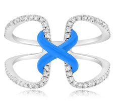 .35CT DIAMOND & BLUE ENAMEL 14KT WHITE GOLD CRISS CROSS DOUBLE HEART X LOVE RING