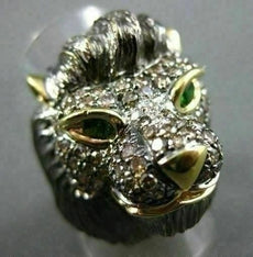 ANTIQUE LARGE 2.39CT COLOR DIAMOND & EMERALD 18KT YELLOW & BLACK GOLD LION RING