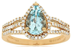 1.40CT DIAMOND & AAA AQUAMARINE 14K ROSE GOLD PEAR SHAPE & ROUND ENGAGEMENT RING
