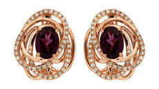 2.10CT DIAMOND & AAA RHODOLITE 14KT ROSE GOLD OVAL & ROUND INTERTWINING EARRINGS