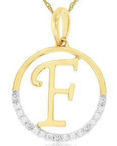 .02CT DIAMOND 14KT 2 TONE GOLD CLASSIC F INITIAL CIRCULAR FUN FLOATING PENDANT