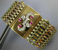ANTIQUE LARGE .74CT OLD MINE DIAMOND & AAA RUBY 14K TRI COLOR GOLD BRACELET 1404