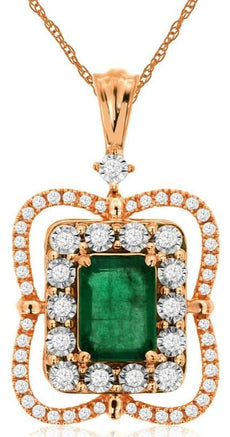 1.25CT DIAMOND & AAA EMERALD 14K ROSE GOLD 3D ROUND & EMERALD CUT FLOWER PENDANT